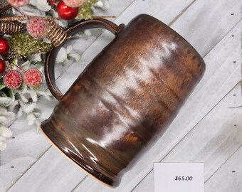 Large Copper Brown Handmade Stoneware Mug Pottery