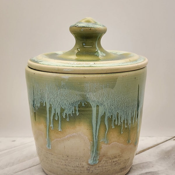 Green Honey Pot - Jelly Jar - Salt Cellar- Salt Cellar with lid - Salt Pig - Salt Keeper - Salt Container - Stoneware Salt Cellar