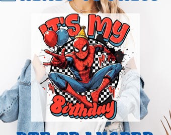 Transferencias DTF de "Es mi cumpleaños Spiderman", transferencias de prensa de calor de Spiderman para cumpleaños de niño, fiesta de cumpleaños de Marvel, cumpleaños de superhéroe