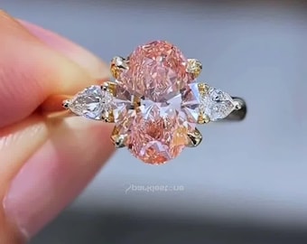 Pink Oval Cut Ring, Sterling Silver, Pear Moissanite Accents, Engagement Ring