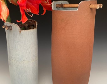 Tall Natural Clay Vase with Bamboo handle