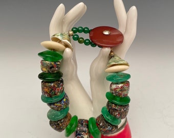 Green Goddess Bracelet  Vaseline, End of the Day, Shells, Vintage Button, Jade