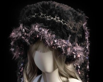 Handmade Fuzzy Bunny Ear Beanie, Black & Pink Fur, Star Pendant, outdoor accessory