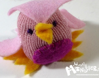 THUMBKIN Pink Owl; Mauve pink owl; toy owl; pocket plushie; kawaii toy; Thumbkin from repurposed gloves; tiny knit toy; basket stuffer