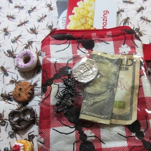 CEP do cartão de crédito; bolsa com zíper; porta-moedas; bolsa para chaveiro; bolsa de tesouro; bolsa pequena com zíper; Titular de cartão de crédito; Formigas de piquenique; Bolso de formiga de brinquedo