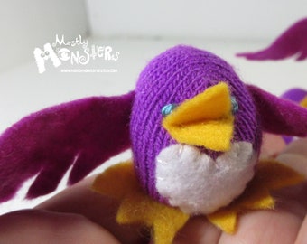 THUMBKIN Magenta Lovebird; Magenta Purple bird toys; tiny knit toy; pocket plushie; repurposed gloves; Thumbkin toy; Magenta Love Bird Toy