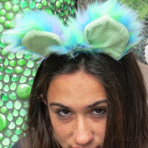 Fuzzy Monster- Ears Headband, oreilles en peluche, oreilles d’animaux, bandeau cosplay, rayures Lime Turquoise, polkadots lime, costume, ComiCon