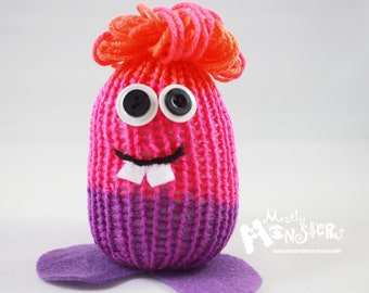 Knitty-kins knit monster toy; silly monster friends; Knitty-kins knit toy; Dorky knitted monster; Stripe Dork Monster; A-DORK-able