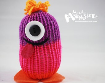 Knitty-kins knit monster toy; silly monster friends; Knitty-kins knit toy; Purple Pink knitted monster; Pink Purple Monster; derpy monster
