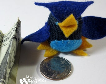 THUMBKIN Blue Owl; Blue Owl toys; tiny knit toy; pocket plushie; repurposed gloves; Thumbkin toy; Blue Owl Bird Toy