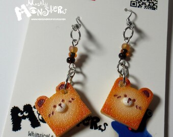 Teddy toast earrings; happy toast earrings; toy toast Teddy bear earrings; one-of-a-kind fake food earrings