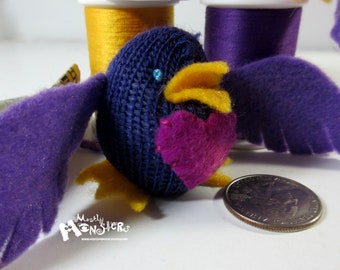 THUMBKIN Purple Lovebird; Purple bird toys; tiny knit toy; pocket plushie; repurposed gloves; Thumbkin toy; Purple Love Bird Toy