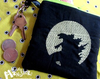 Zipper pouch: Embroidered pouch; change purse; coin purse; clip-on bag;Kaiju lizard;Giant Lizard silhouette;Green Lizard kaiju;Tokyo Terror