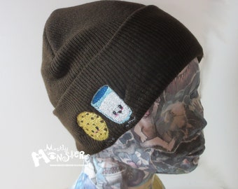 Embroidered Beanie Cookie & Milk knit hat; Winter Beanie Cute Cookie; OOAK Embroidered knit hat; Cookies and Milk Hat