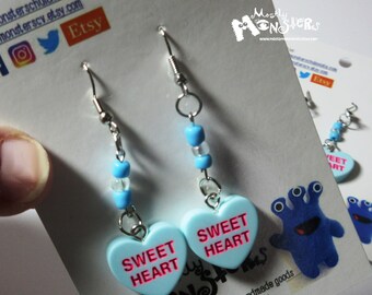 Conversation Heart Earrings BLUE; Sweet Heart earrings; Valentine Candy Simulation earrings; fake candy earrings