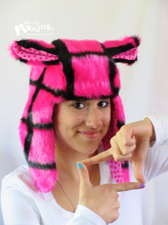 Fuzzy Monster Aviator Hat Pink Plaid 