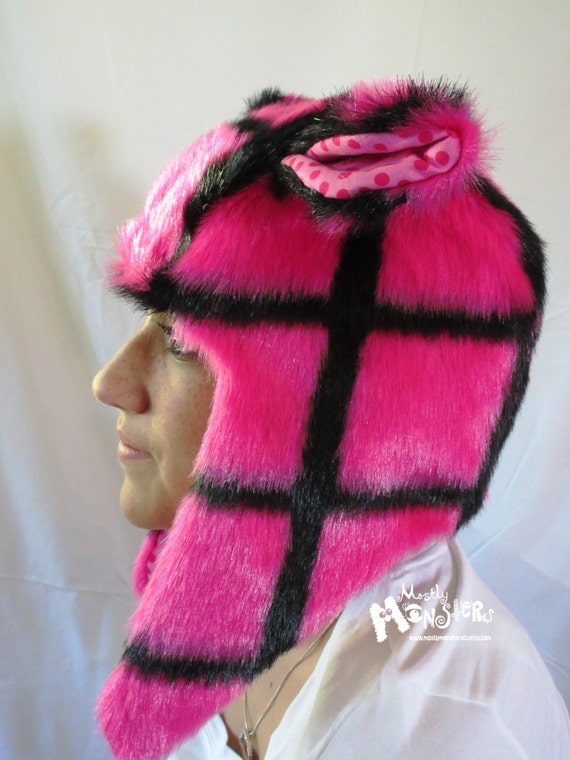 Fuzzy Monster Aviator Hat Pink Plaid 