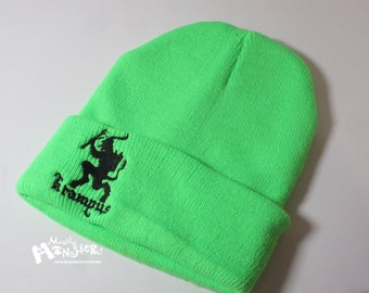 Embroidered Beanie Krampus knit hat; Winter Beanie Krampus; OOAK Embroidered knit hat; Krampus Silhouette; Lime Green Hat