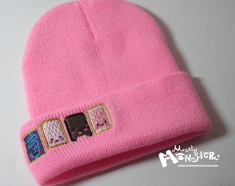 Embroidered Beanie Toaster Pastry knit hat; Winter Beanie Toaster Tart; Embroidered knit hat; Pink Winter Hat; Kawaii Pastry Beanie 4 faces