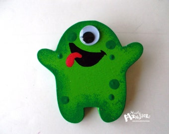 Monster brooch green MIKEY, wood handpainted  brooch, green monster pin, MIKEY monster green, lime green monster brooch