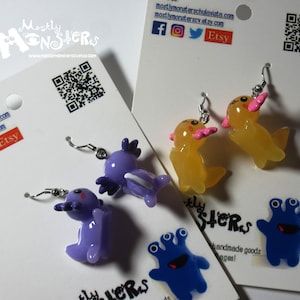 Axolotl earrings; Kawaii Axolotl earrings; Chibi salamander earrings; Cute Axolotl earrings; one-of-a-kind earrings