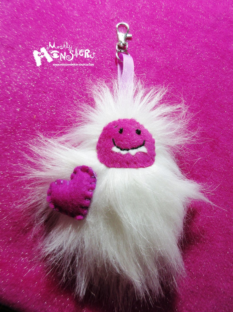 Fuzzy Yeti Keychain Yeti Backpack clip Magenta Yeti Love clip-on Yeti Clip removable heart Fluffy Yeti clip-on Sweetheart Yeti image 6