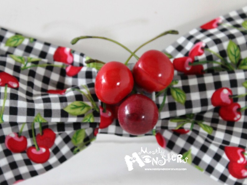 GIANT Hair Bow Checkered Cherries hairbow Retro Pinup Hairbow Kawaii Lolita Bow Cherry Checkered Bow Enormous Hair Bow Huge Bow image 2