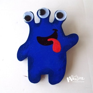 Monster brooch blue GLURP 3 eyes, wood handpainted brooch,       blue monster pin, GLURP monster blue, blue three eyes monster brooch