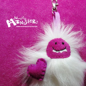 Fuzzy Yeti Keychain; Yeti Backpack clip; Magenta Yeti Love clip-on; Yeti Clip removable heart; Fluffy Yeti clip-on; Sweetheart Yeti