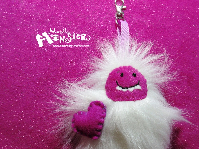 Fuzzy Yeti Keychain Yeti Backpack clip Magenta Yeti Love clip-on Yeti Clip removable heart Fluffy Yeti clip-on Sweetheart Yeti image 1