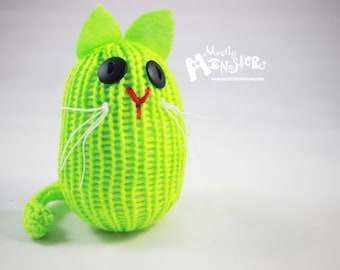 Knitty-kins knit kitty toy; silly cat friends; Knitty-kins knit toy; Green cat; Neon Lime cat; knitted green kitty; neon green lime kitty