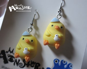 Chickie Bird earrings; Kawaii Chick earrings; Chibi chick earrings; Cute chick with bird earrings;  Chickie earrings; one-of-a-kind