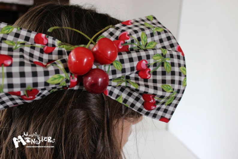 GIANT Hair Bow Checkered Cherries hairbow Retro Pinup Hairbow Kawaii Lolita Bow Cherry Checkered Bow Enormous Hair Bow Huge Bow image 3