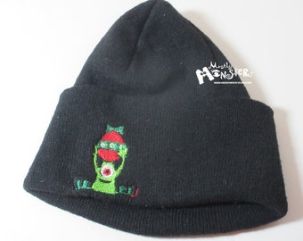 Embroidered Beanie Christmas Monster knit hat; Winter Beanie Monster; OOAK Embroidered knit hat; Holiday Winter Hat; Christmas Monster