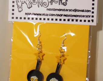 Yellow Eggs in a Frying Pan earrings made from tiny toys and buttons