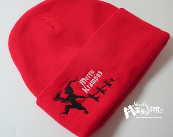 Embroidered Beanie Krampus knit hat; Winter Beanie Krampus; OOAK Embroidered knit hat; Red Winter Hat; Merry Krampus Beanie