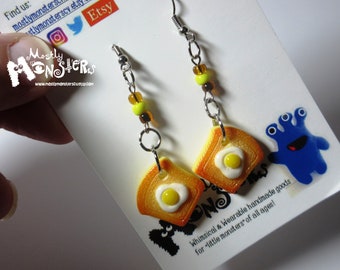 Egg on toast earrings; toast earrings; toy toast earrings; one-of-a-kind fake food earrings; breakfast earrings