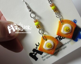 Happy Egg on toast earrings; smiling toast earrings;Happy toy toast earrings; one-of-a-kind fake food earrings;breakfast earrings;Kawaii egg