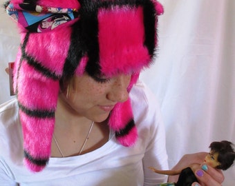 Fuzzy Monster Aviator hat, Pink Plaid Plushie, Barbie, Fashion Doll lining, hot pink & black, earflap hat,  raverwear