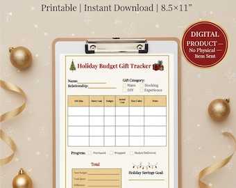 May include: A printable holiday budget gift tracker on a clipboard. The tracker includes sections for gift ideas, budget, and progress. The text reads "Holiday Budget Gift Tracker" and "Printable | Instant Download | 21.6 x 27.9 cm". The image is decorated with holiday ornaments.