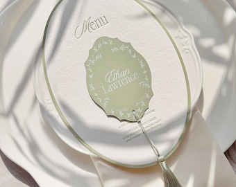 Luxus Sage Grün Letterpress 2026Wedding Menü auf Baumwollpapier mit Tischkarten