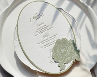 Dusty Sage Green Letterpress Oval Menu Cards with Elegant White Ink Place Cards on Thick Cotton Paper