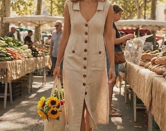 Linen Midi Dress Button-Down Sleeveless Summer