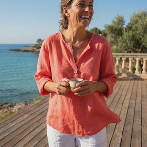 Leinenmischung Bluse entspannt V-Ausschnitt Sommer Tunika