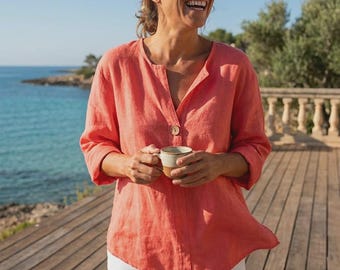 Linen Blend Blouse Relaxed V-Neck Summer Tunic