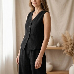 Minimalist Tencel Linen Two Piece Set | Womens Button Vest & Wide Leg Trousers | Chic Matching Outfit | Modern Minimalist Set image 6