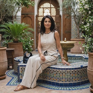 May include: A woman wearing a beige linen sleeveless top and matching pants with black trim, sitting on a mosaic-tiled fountain. The outfit is paired with sandals and gold jewelry. A black handbag rests nearby. The background features a courtyard with plants and a fountain.