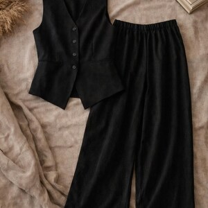 Minimalist Tencel Linen Two Piece Set | Womens Button Vest & Wide Leg Trousers | Chic Matching Outfit | Modern Minimalist Set image 8