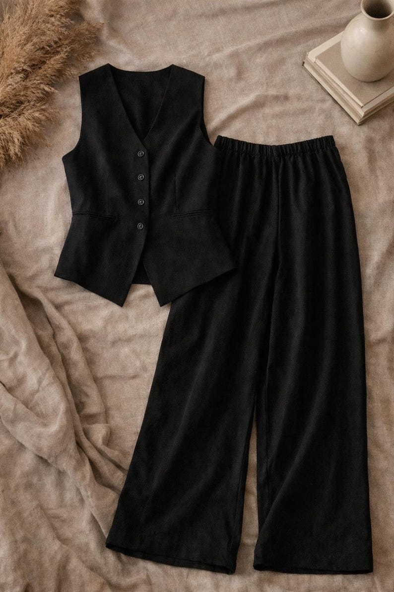 Minimalist Tencel Linen Two Piece Set | Womens Button Vest & Wide Leg Trousers | Chic Matching Outfit | Modern Minimalist Set image 8