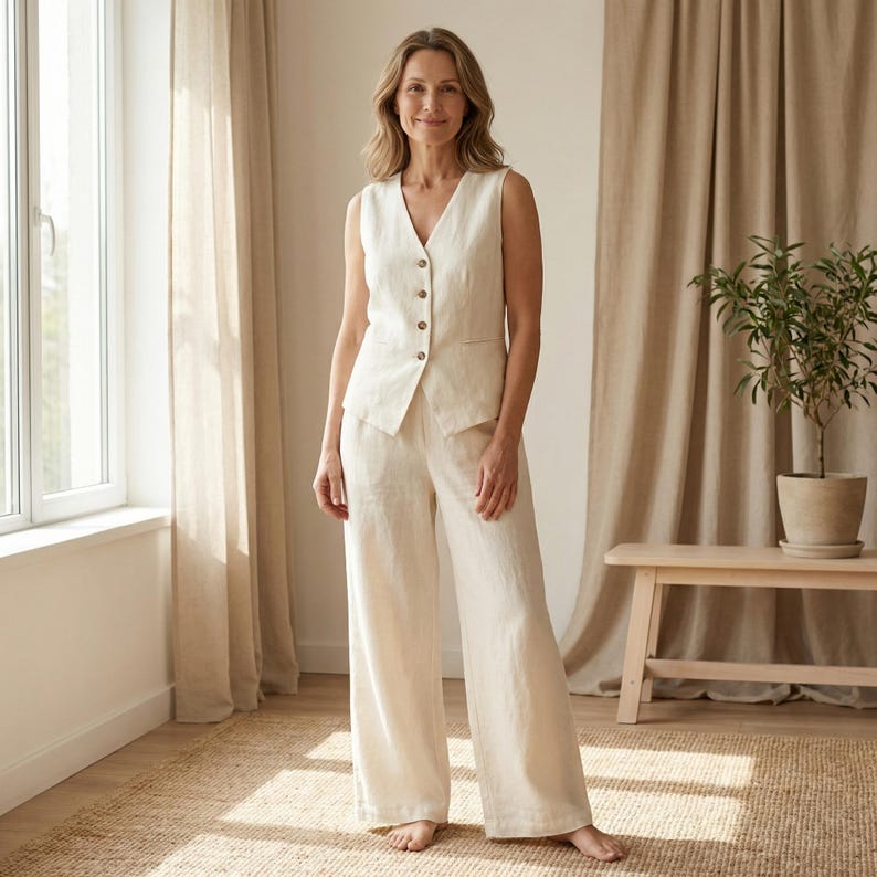 Minimalist Tencel Linen Two Piece Set | Womens Button Vest & Wide Leg Trousers | Chic Matching Outfit | Modern Minimalist Set image 2